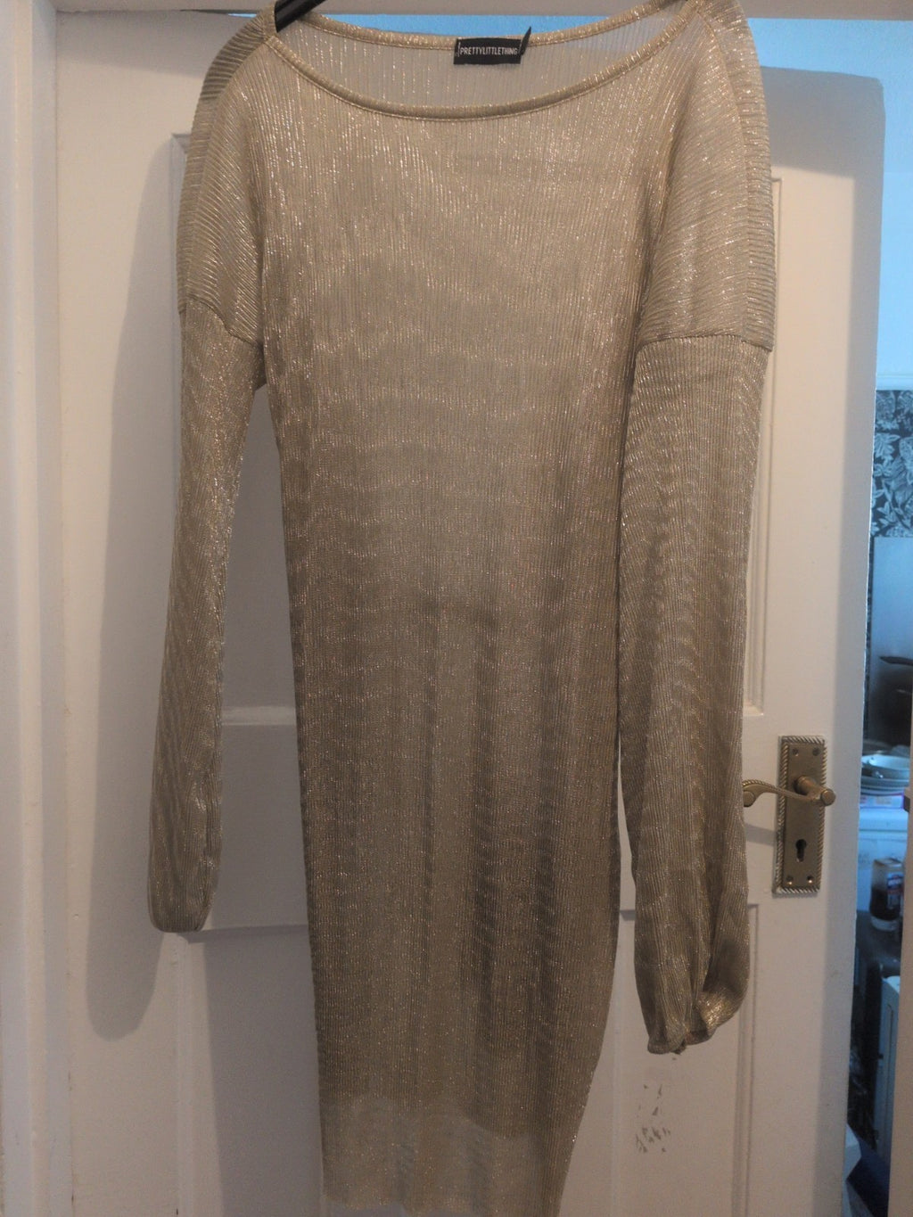 Prettylittlething 10 Gold Shimmer Long Sleeved Belted Dress