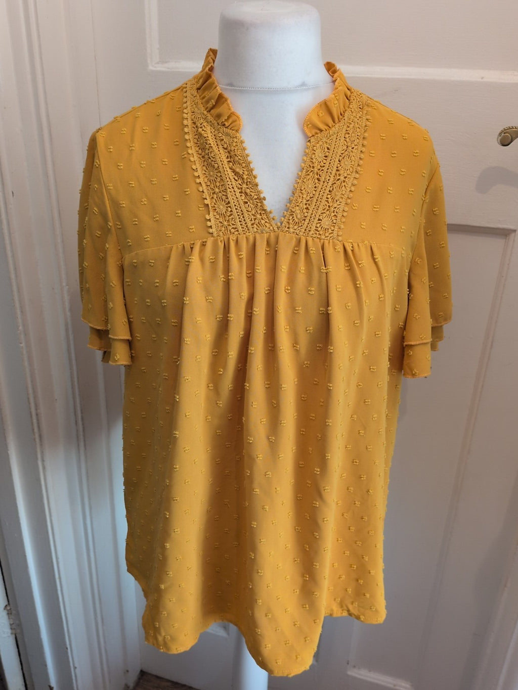 Large Yellow Textured Short Sleeve Blouse V Neck