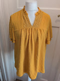 Large Yellow Textured Short Sleeve Blouse V Neck