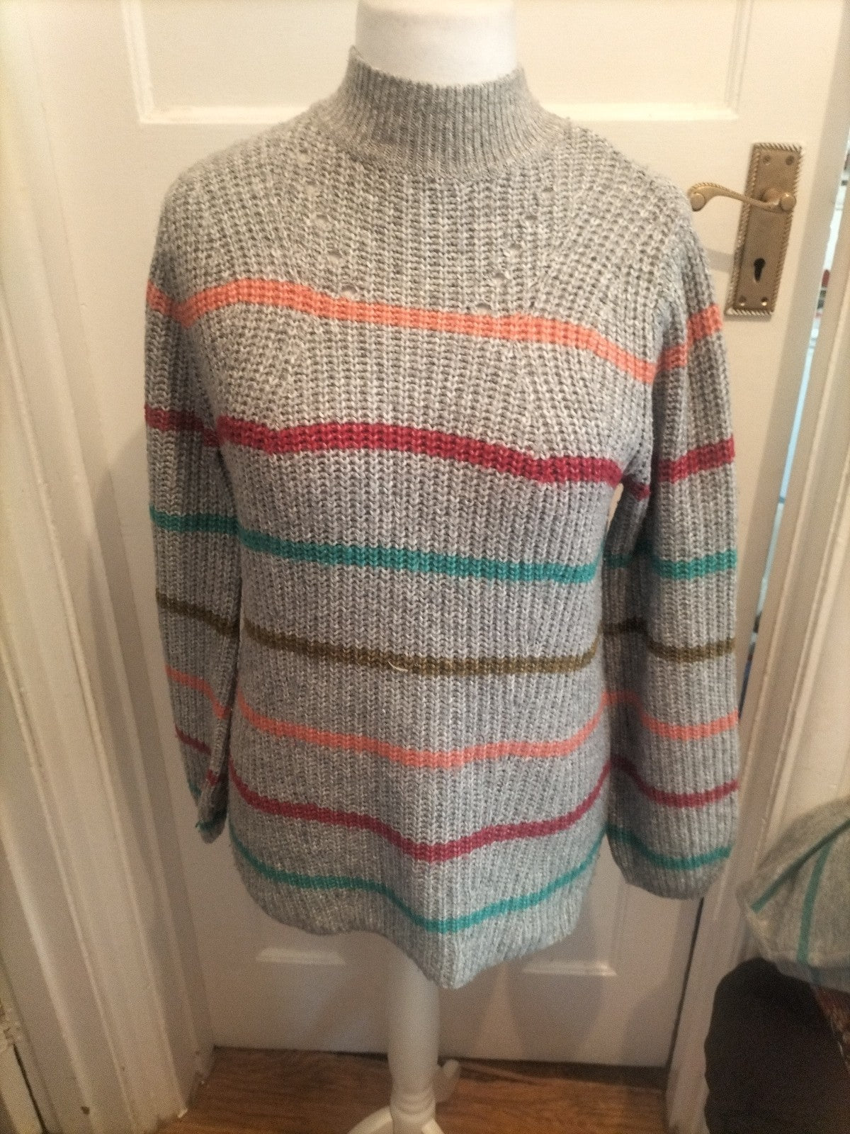 Ladies Papaya Size Medium Grey Knot Stripe Long Sleeved Pullover Jumper