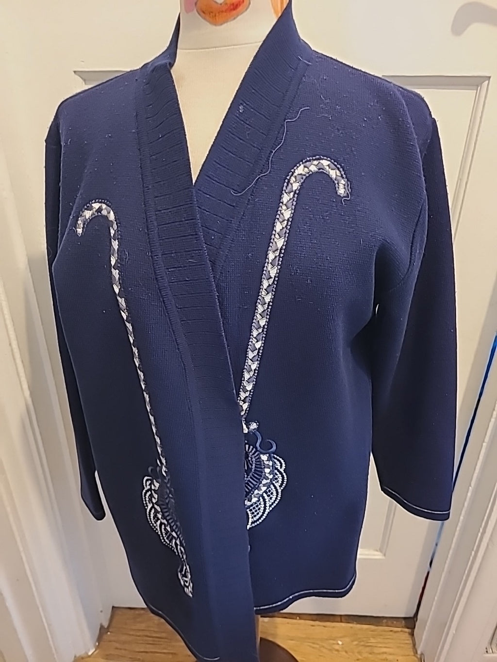 Ladies Eternal Collection Size Large Navy Embroidery Long Sleeved Cardigan