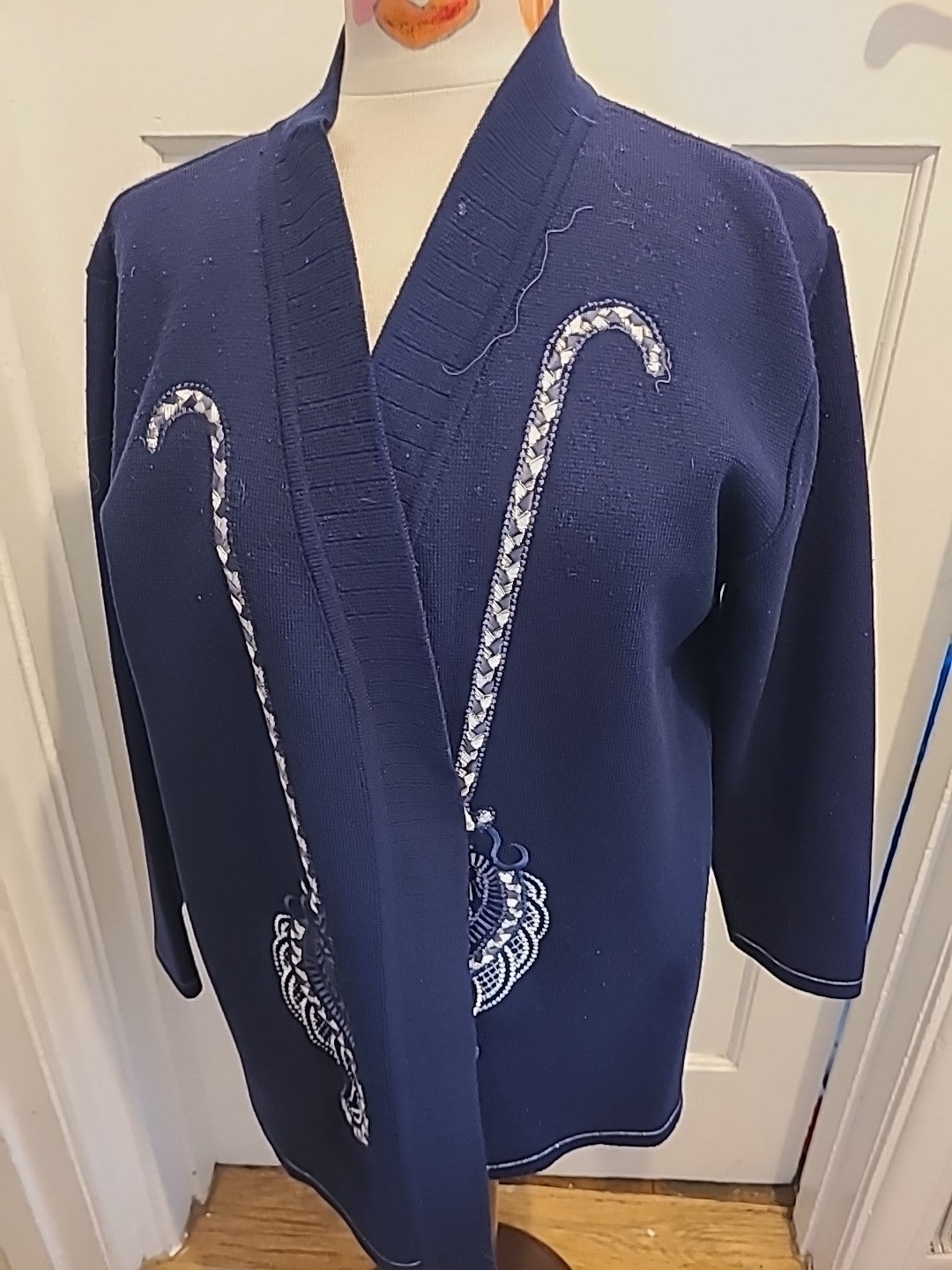 Ladies Eternal Collection Size Large Navy Embroidery Long Sleeved Cardigan