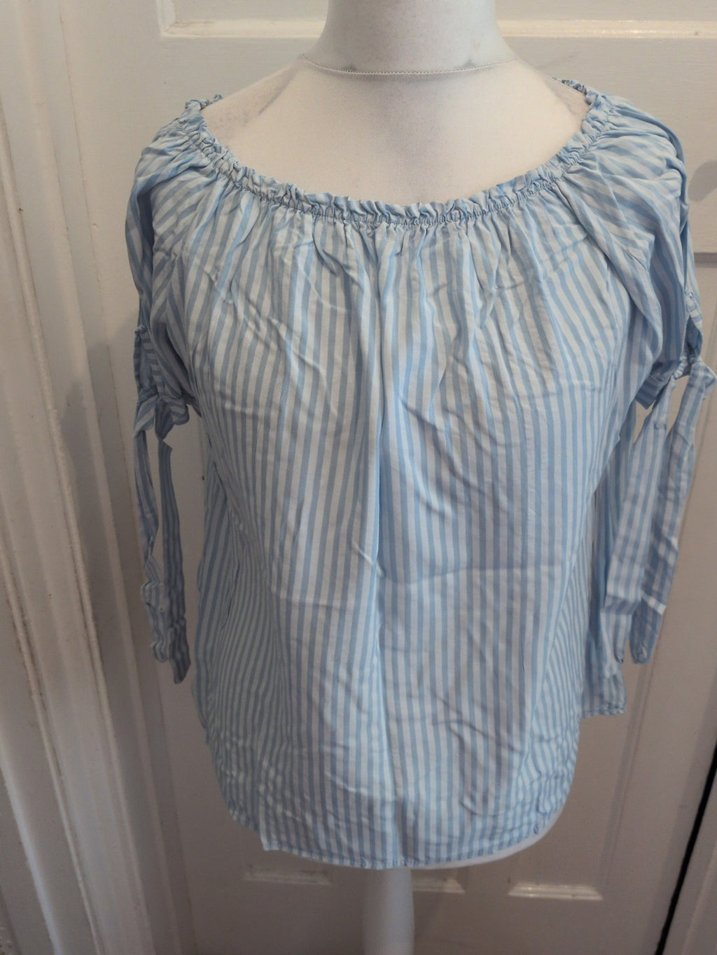Medium Blue And White Stripe Short Sleeve Blouse