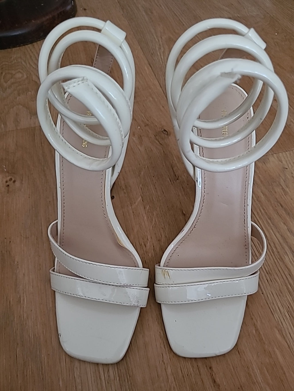 Ladies Prettylittlething Size 5 Uk Cream Open Toe Heel(Few Marks)