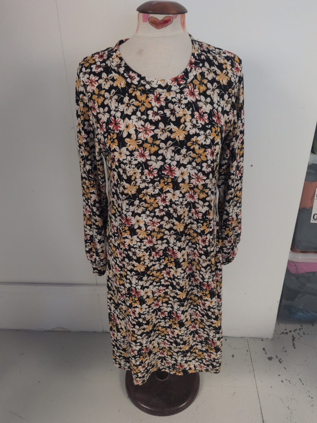 Bonmarche 16 Black Floral Long Sleeve Dress
