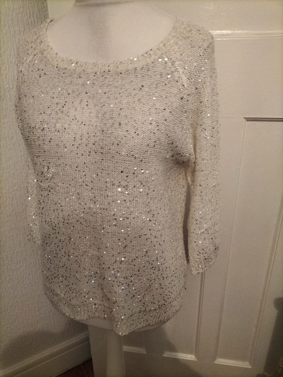 Ladies BM Casual Size Medium White Sequin 3/4 Sleeve Blouse