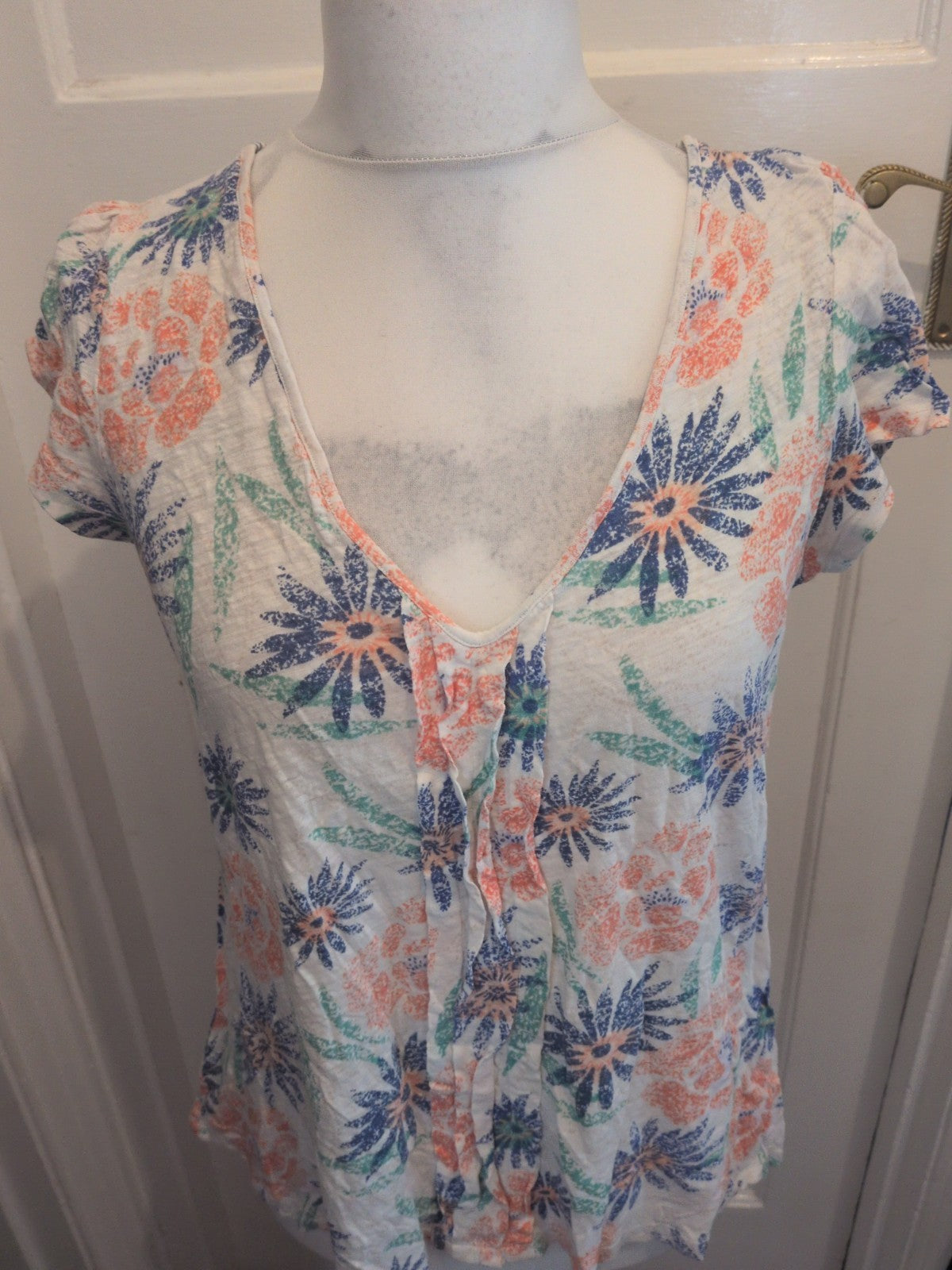 White Stuff 14 White With Multi Flower Short Sleeve Blouse