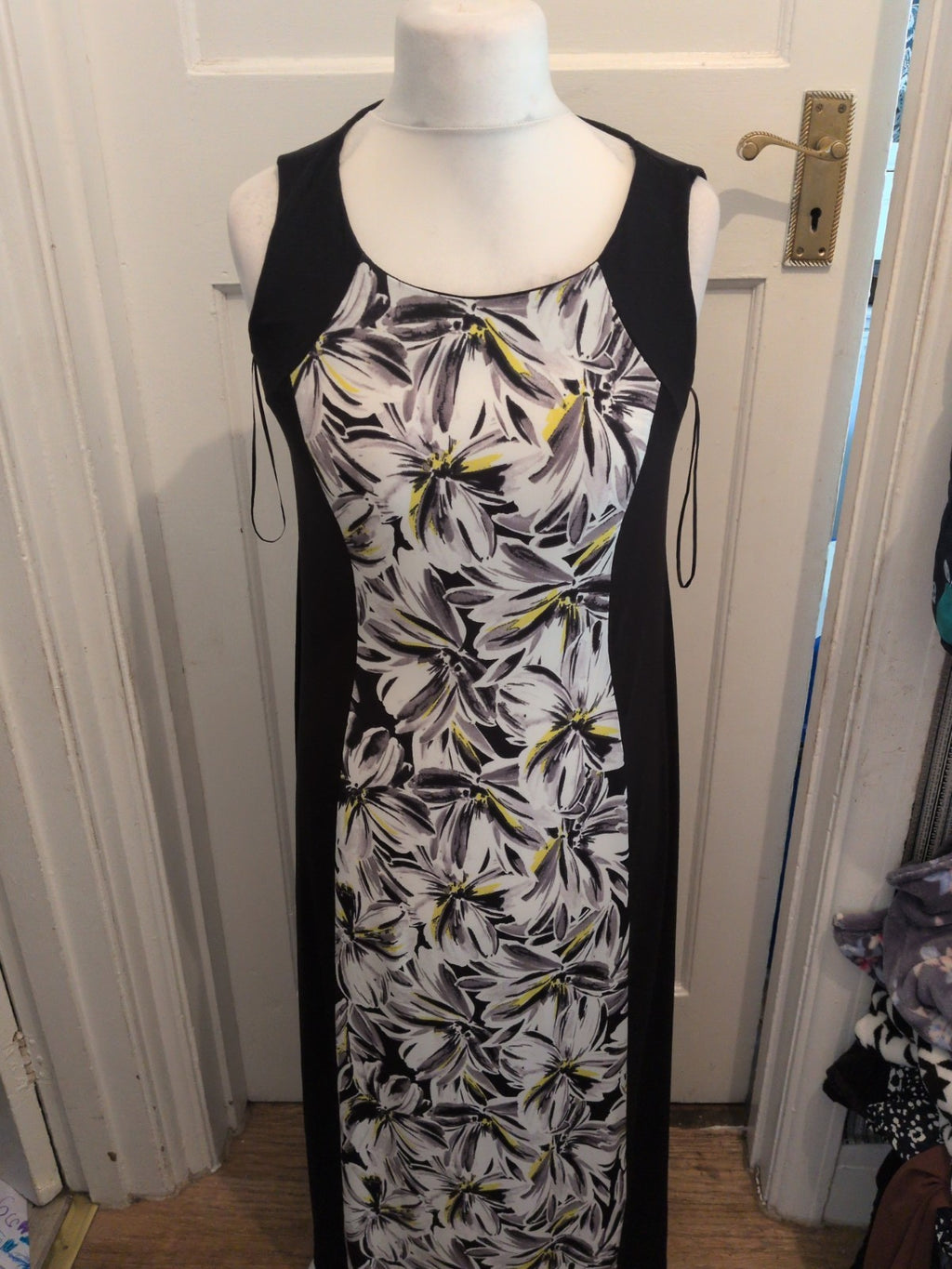 New Look 14 Long Length Black Grey And Yellow Floral Dress Sleeveless