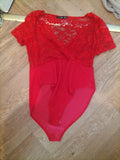Boohoo 14 Red Lace Short Sleeve Bodysuit