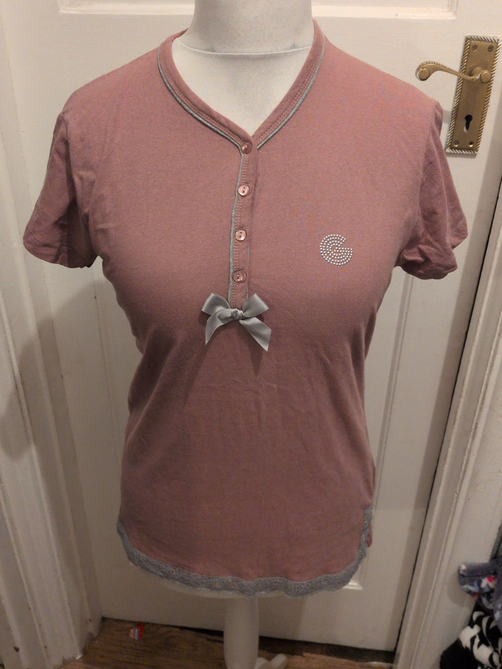 Ladies Medium Purple Short Sleeve Button Bust Pyjama Top