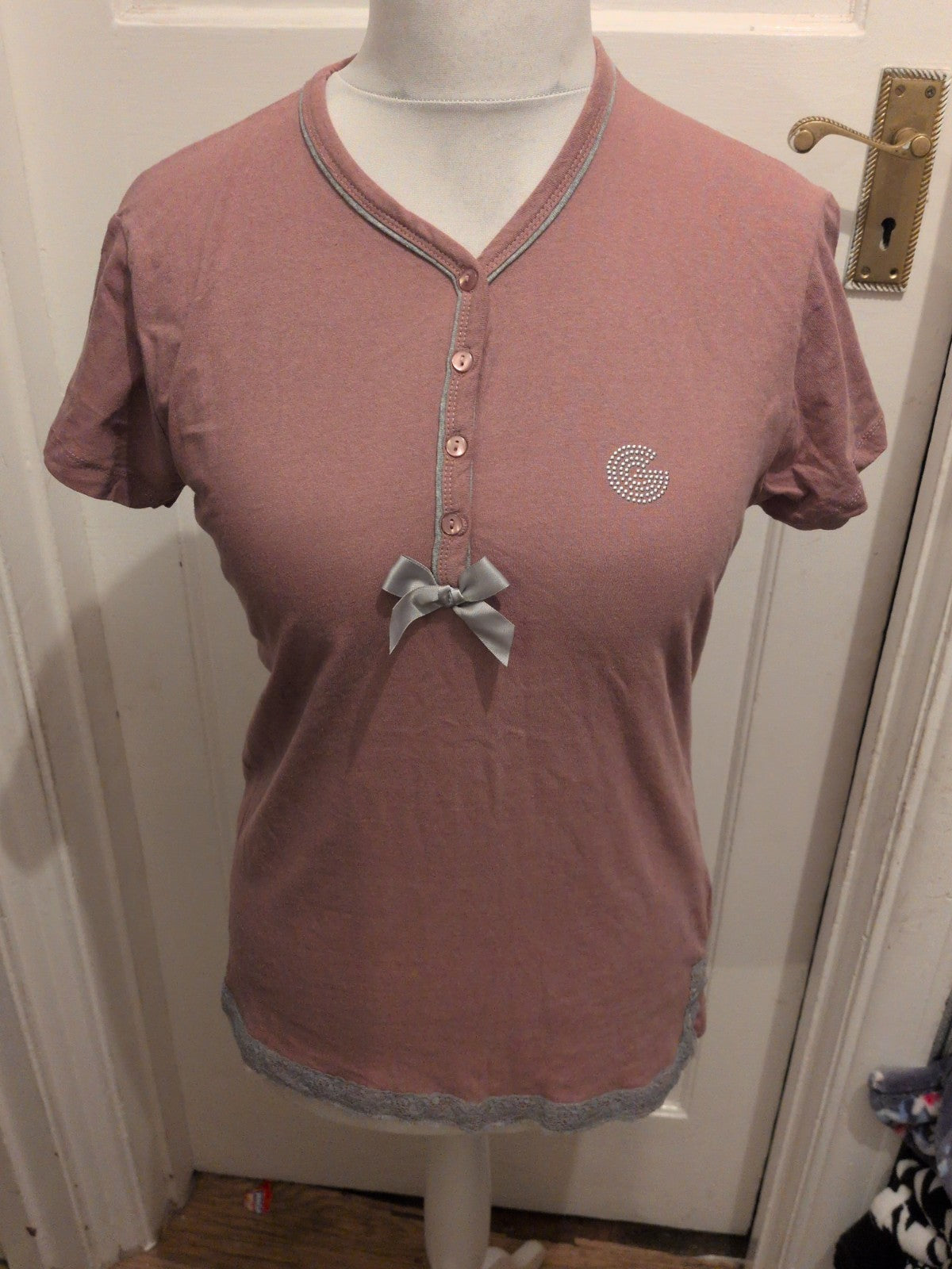 Ladies Medium Purple Short Sleeve Button Bust Pyjama Top