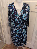 Kaliko 18 Navy Blue And White Lined Half Sleeve V Neck Dress Knee Length
