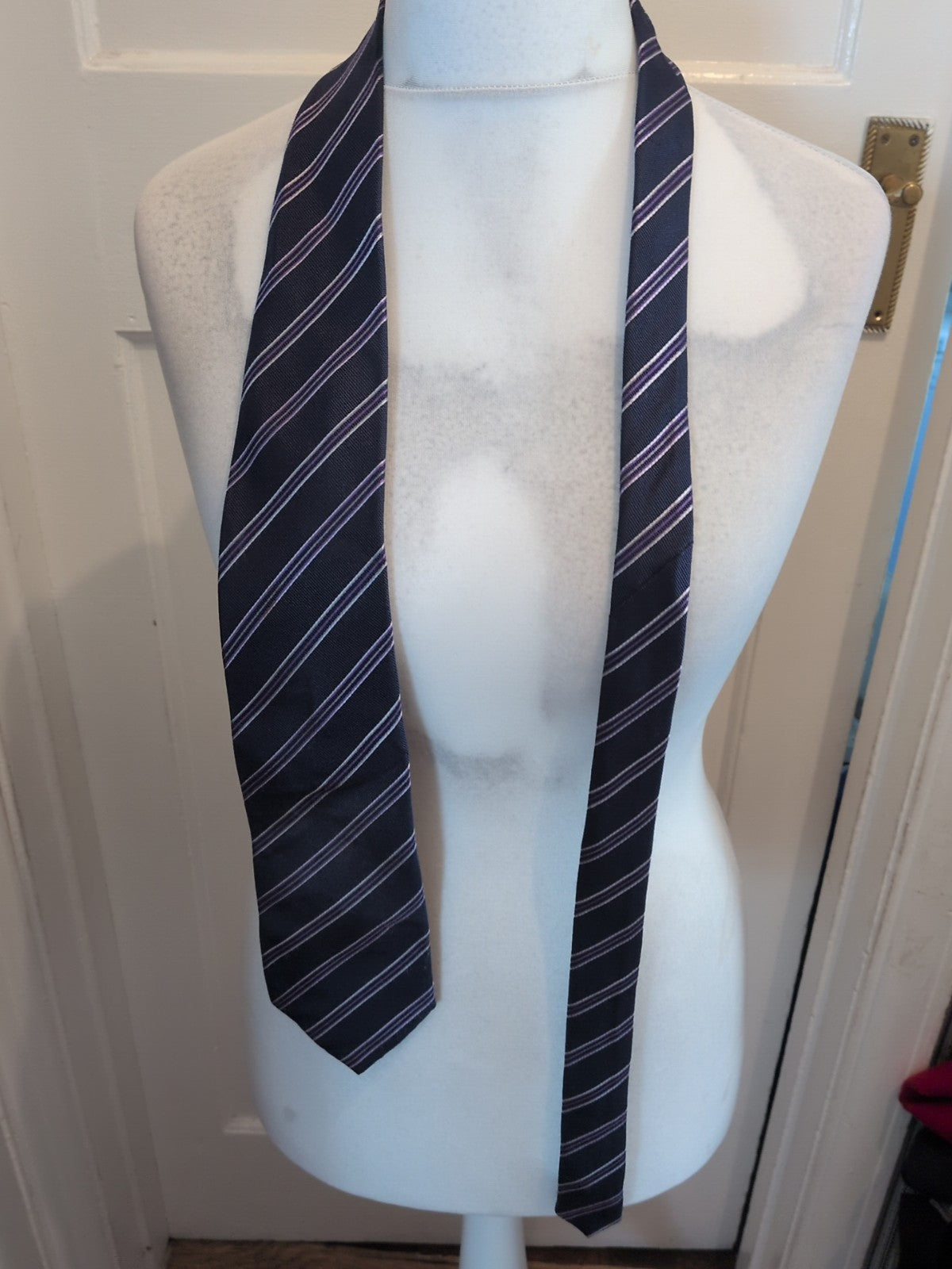 Marks And Spencer Navy Purple And White Stripey Tie