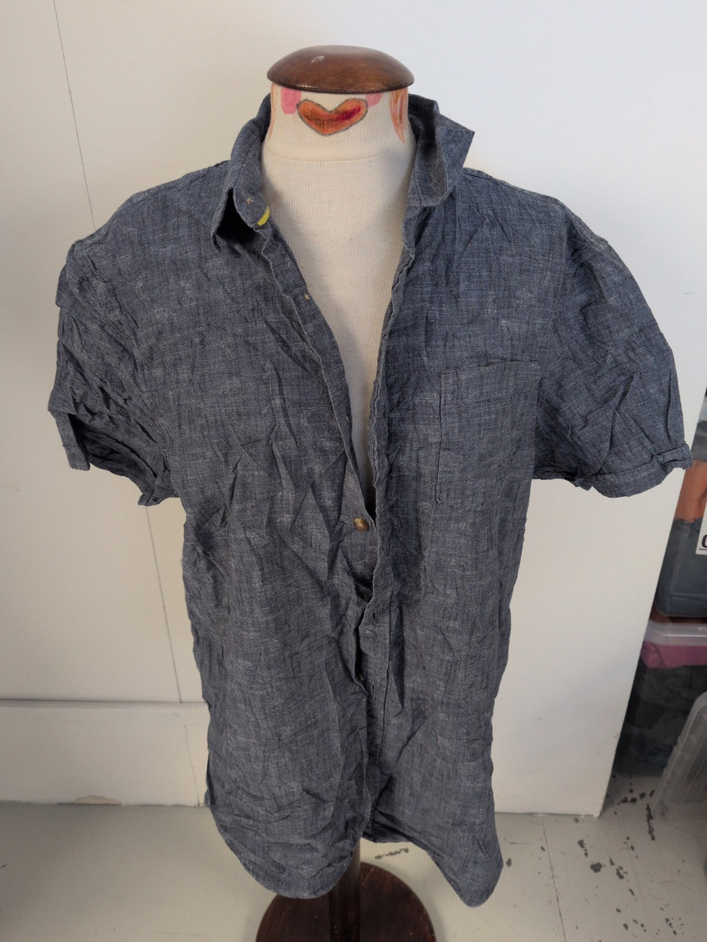 John Lewis XL Grey Denim Colour Short Sleeve Shirt Button Missing