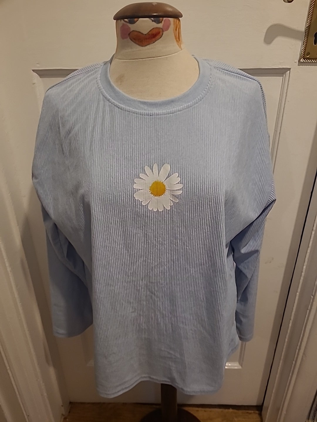 Ladies Shein Size Medium Blue Ribbed Flower Long Sleeved Jumper