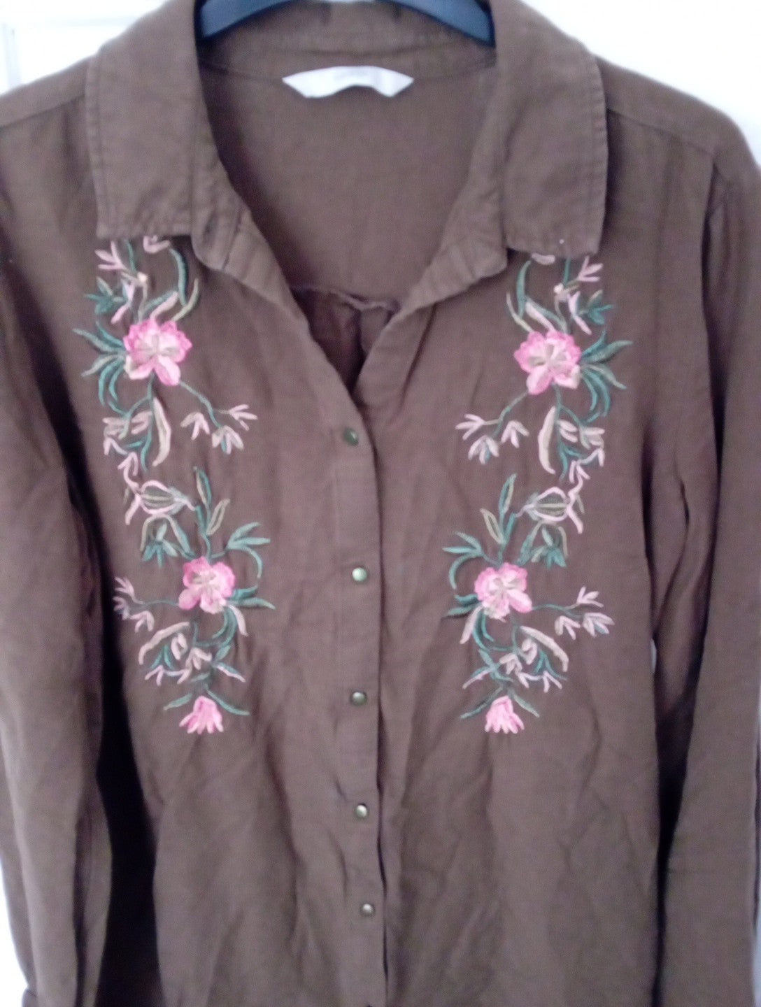 Ladies Blouse Size 12 George Khaki With Floral Detail Long Sleeved