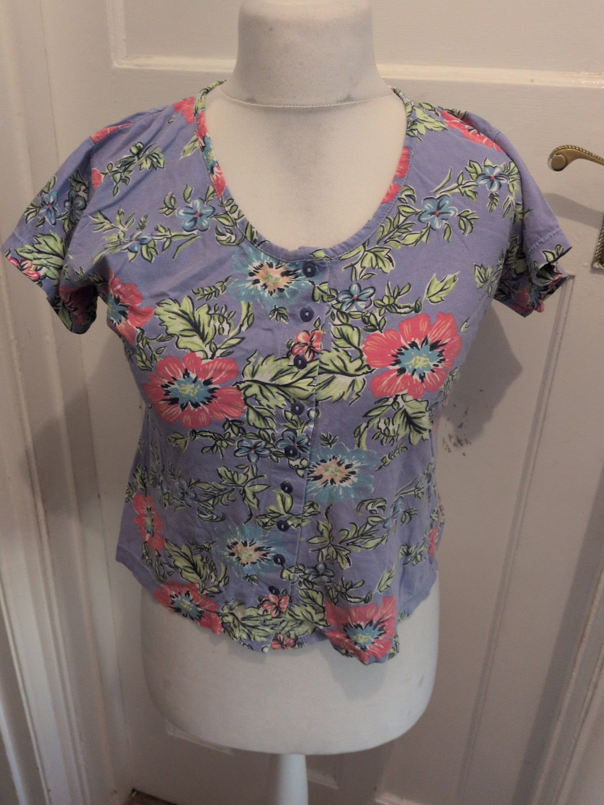 Richards Small Purple Floral Short Sleeve Buttoned Blouse