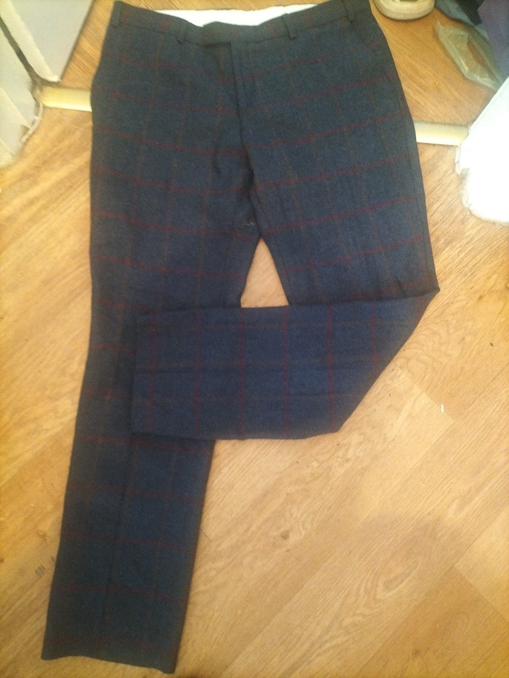Mens 36" Long Navy With Red And Orange Wool Blend Trousers