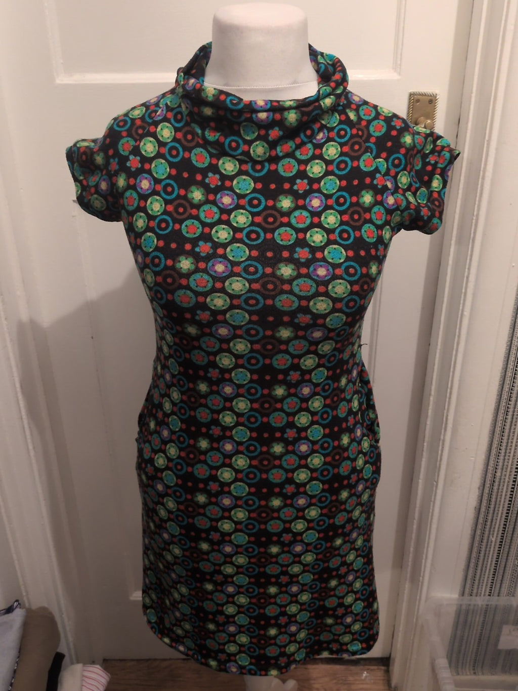 Ladies Xantik Size Small Roll Neck Navy Multicoloured Short Sleeved Dress