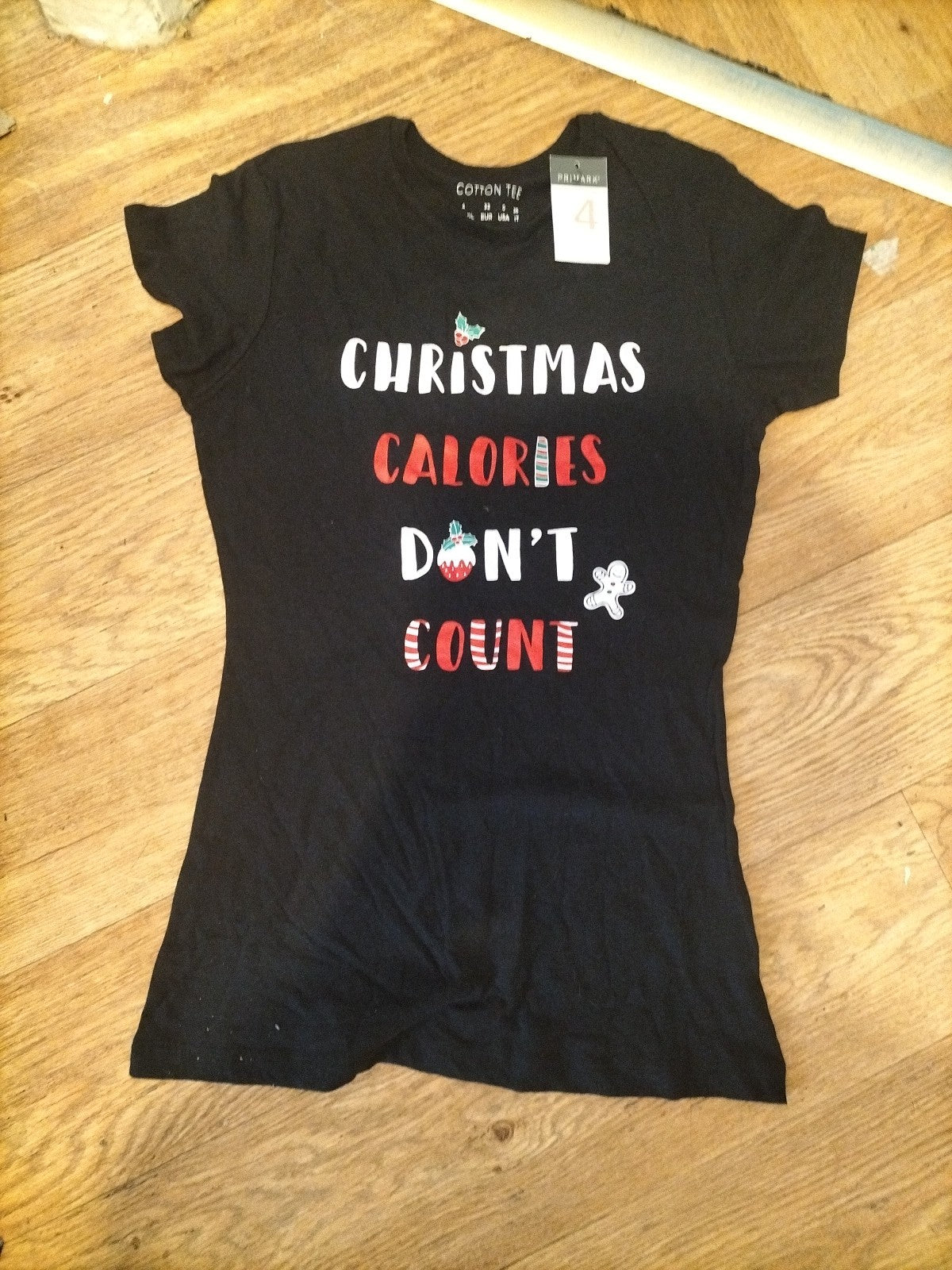 Brand New Ladies Primark Size 4 Black Cotton Printed Tee