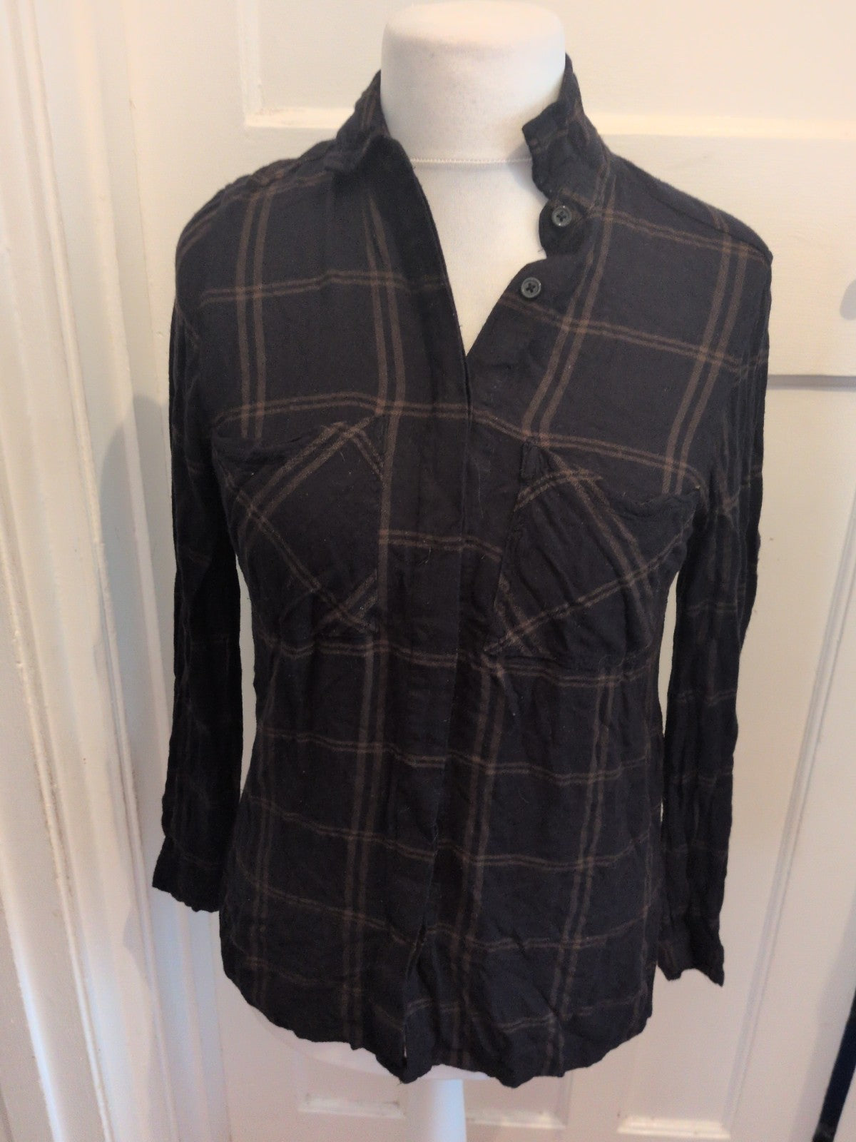 New Look 10 Black And Brown Long Sleeve Blouse Collared Buttoned