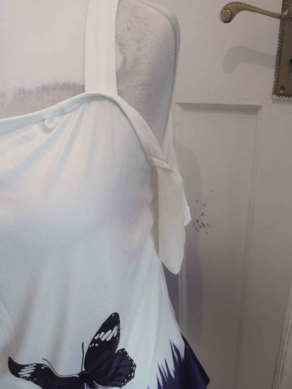 Large White And Purple Butterfly Off The Shoulder Short Sleeve T-shirt