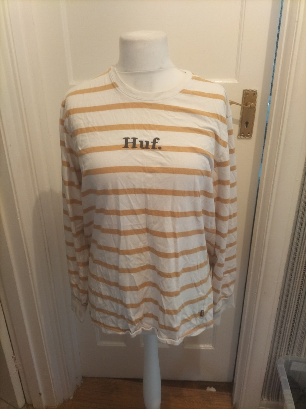 Ladies Huf Size XL Brown And White Striped Tshirt Long Sleeve