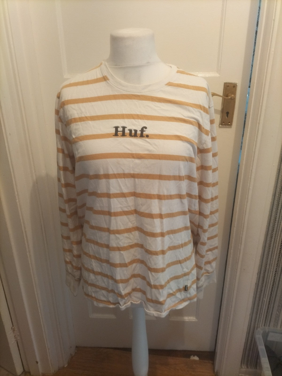 Ladies Huf Size XL Brown And White Striped Tshirt Long Sleeve
