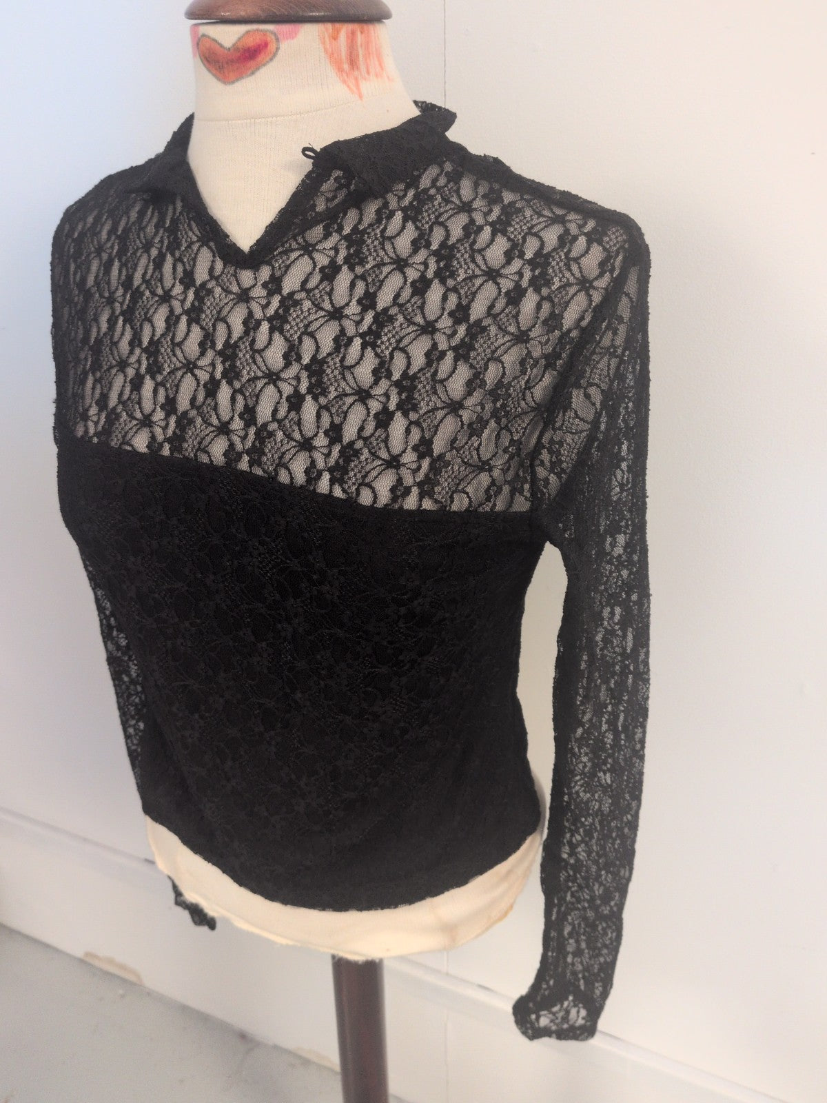 Shein Small Black Lace See Through Long Sleeve Blouse