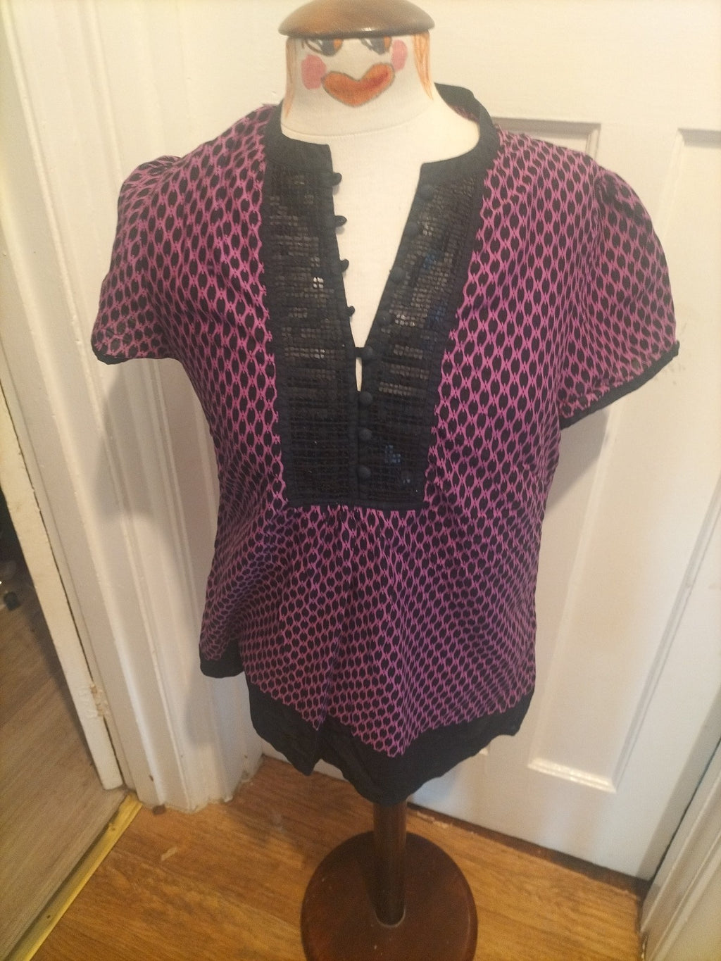 Ladies Monsoon Size 14 Purple And Black Short Sleeved Blouse