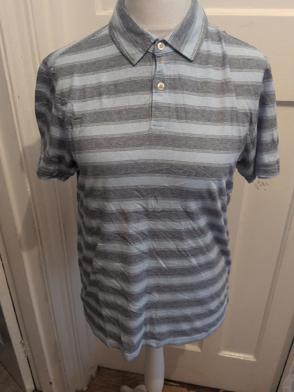 M&S Medium Pure Cotton Navy With Sky Blue Stripe Short Sleeve Polo