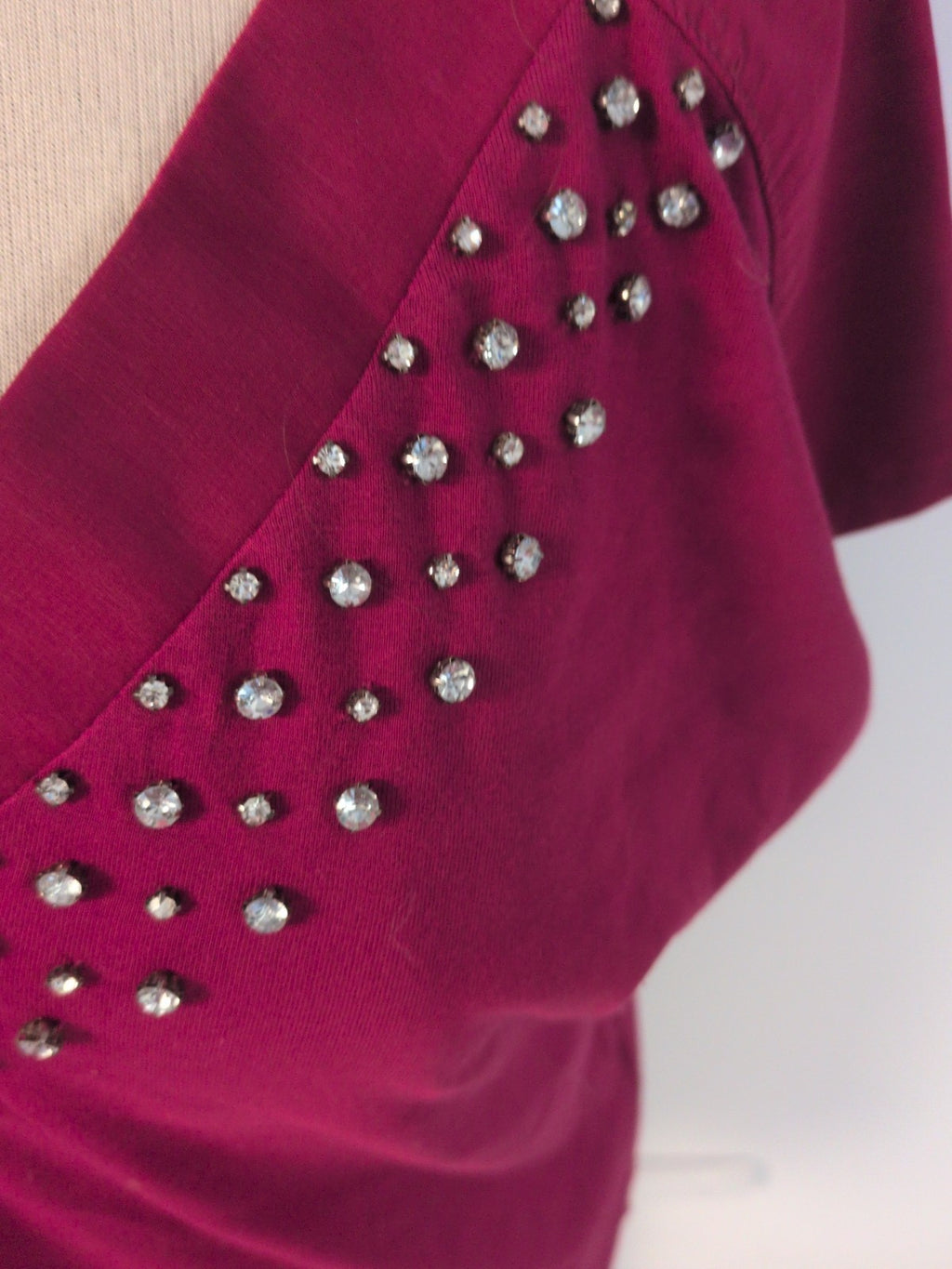 Cortefiel 8 Deep Pink With Silver Diamante Short Sleeve V Neck Blouse