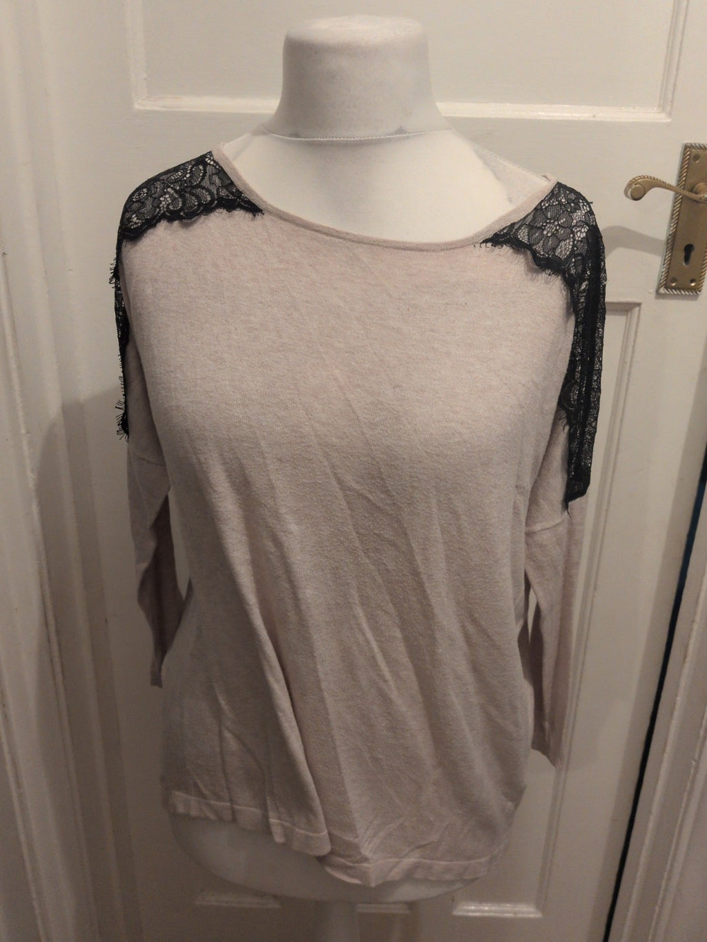 Warehouse 14 Pale Beige With Black Lace Long Sleeve Blouse