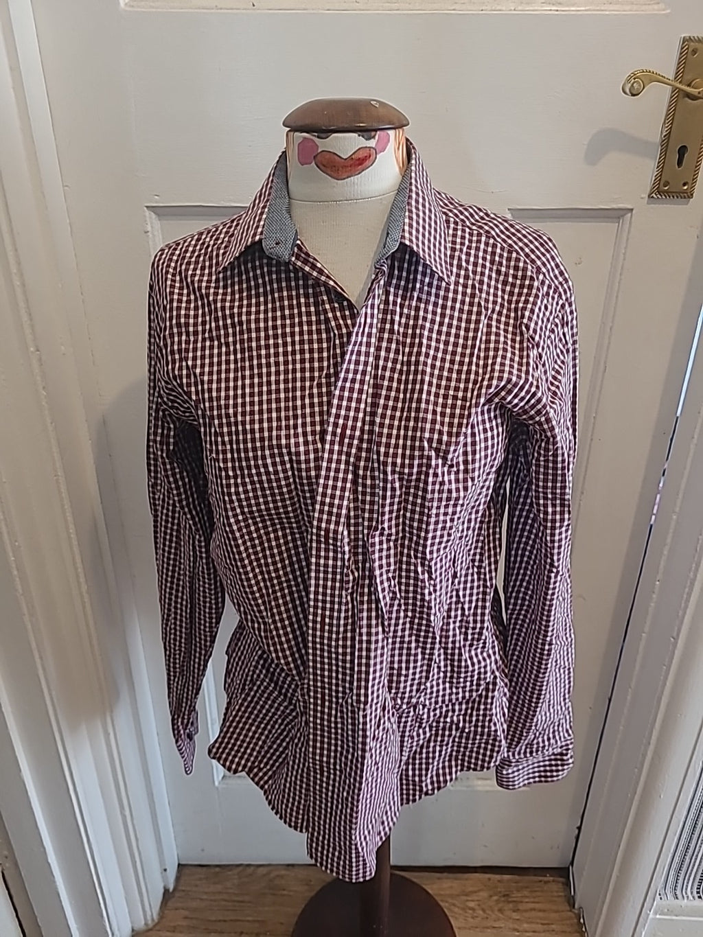 Mens Jeff Banks Size Medium Purple White Check Tailored Fit Long Sleeved Shirt