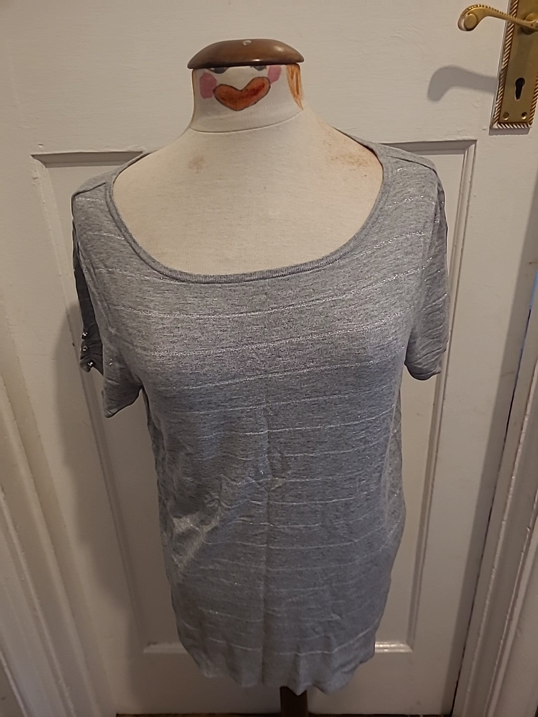 Ladies Size Medium Grey/Silver Striped Short Sleeved Tshirt