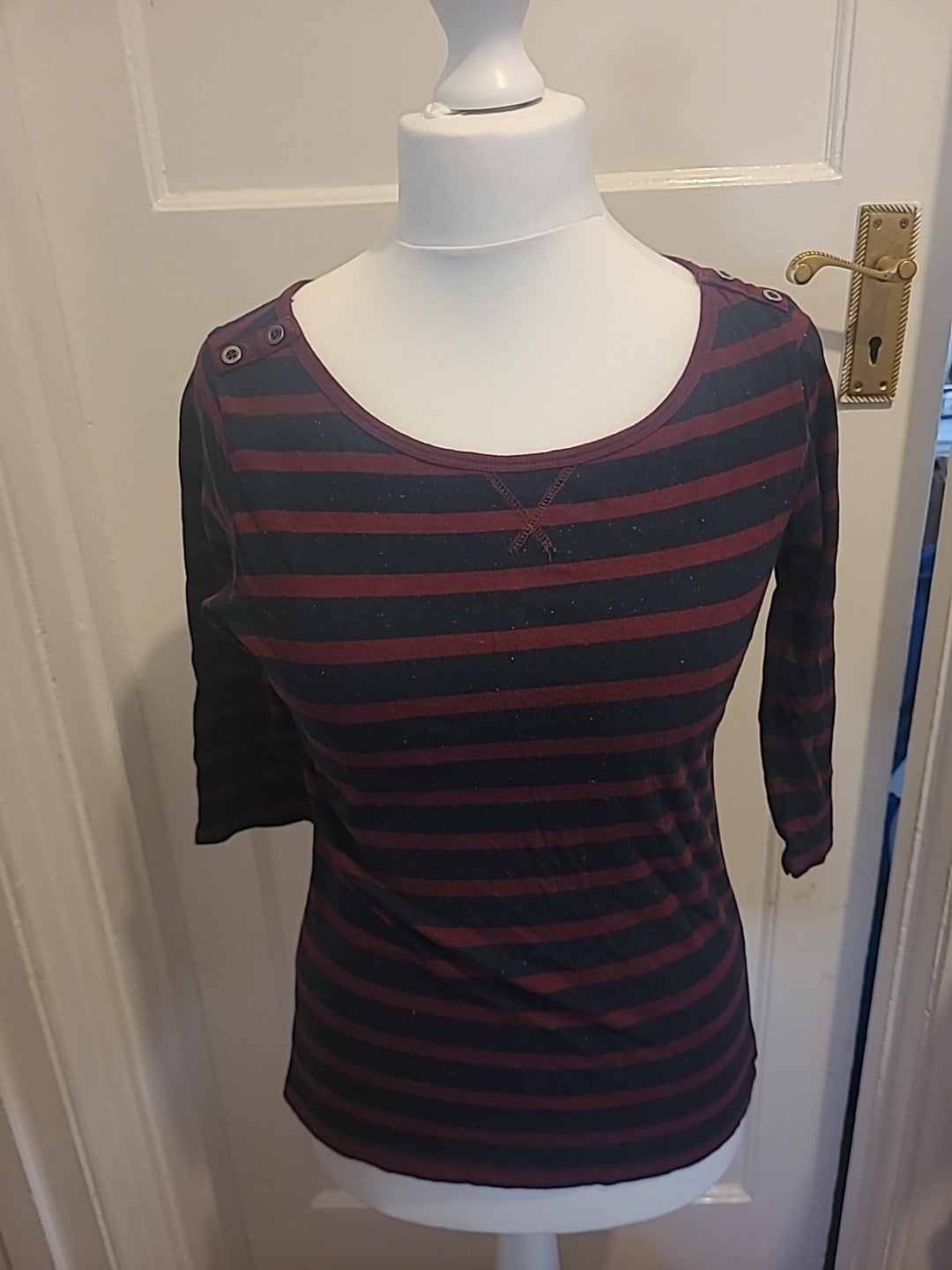 Ladies Papaya Size 14 Navy And Burgundy Striped Tshirt(Bobbling)