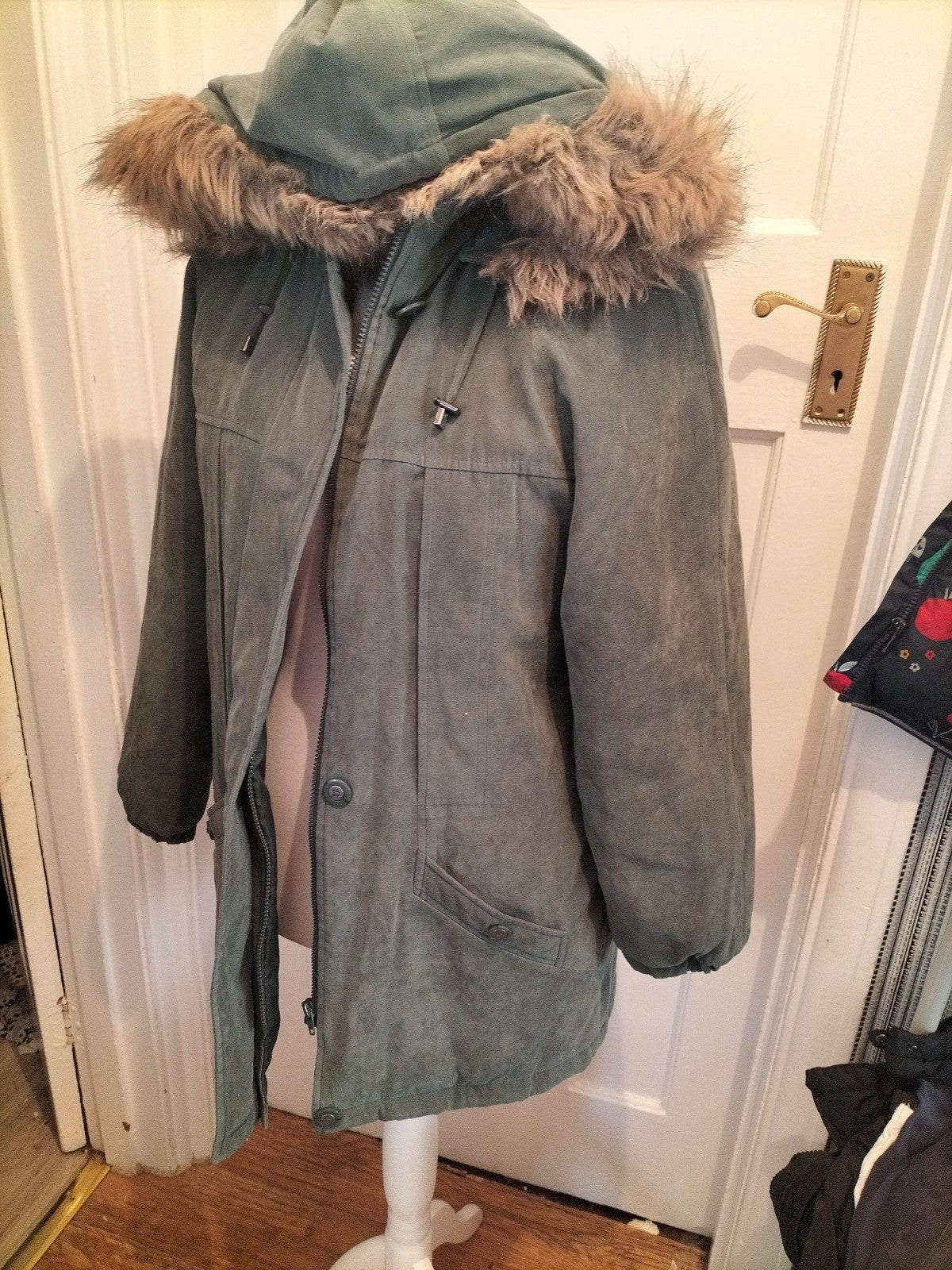 Ladies Berkertex Size 10-12 Green Faux Fur Hooded Coat