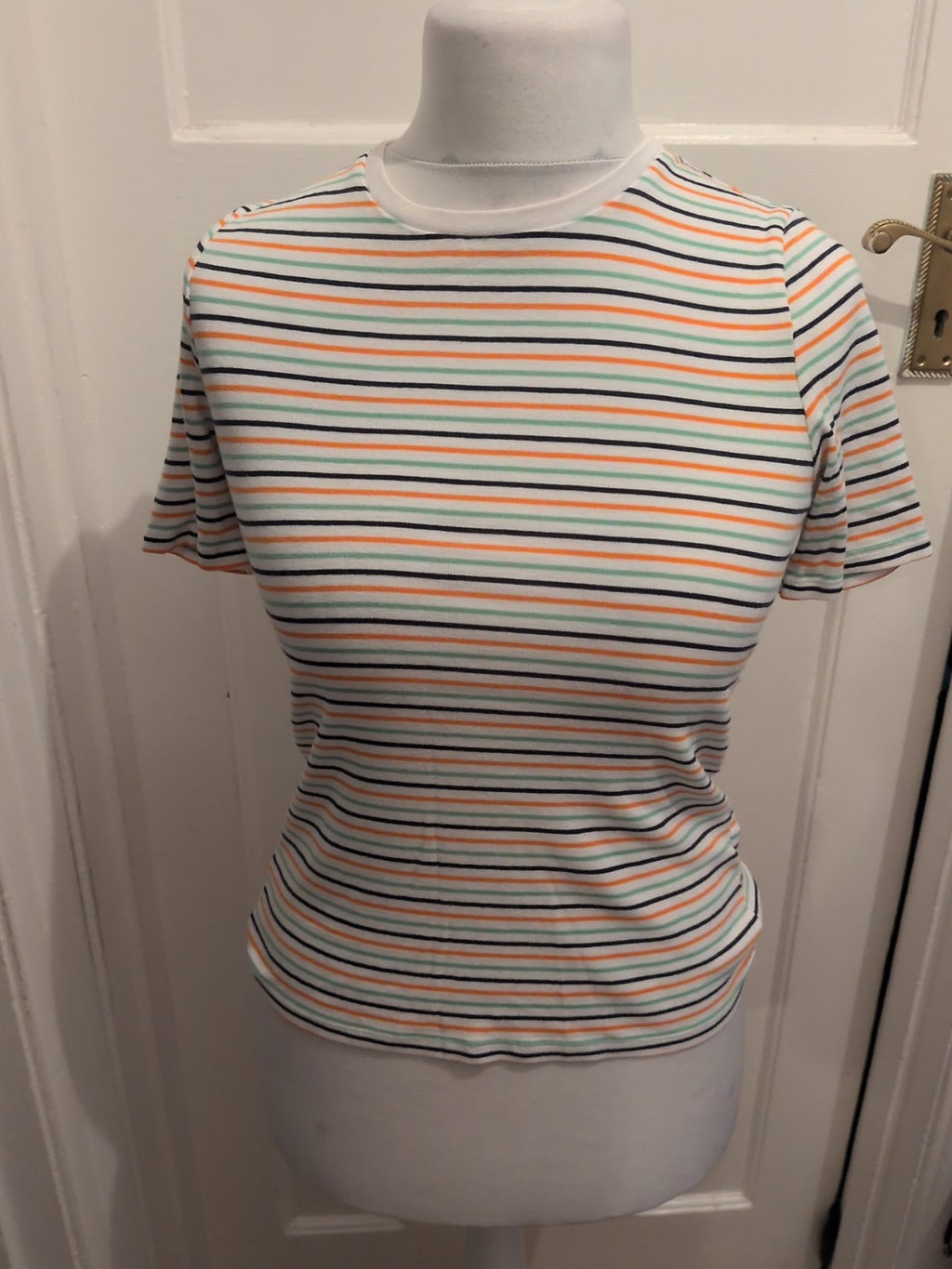 M&S Collection 10 Orange White Green Navy Striped T-shirt Short Sleeve