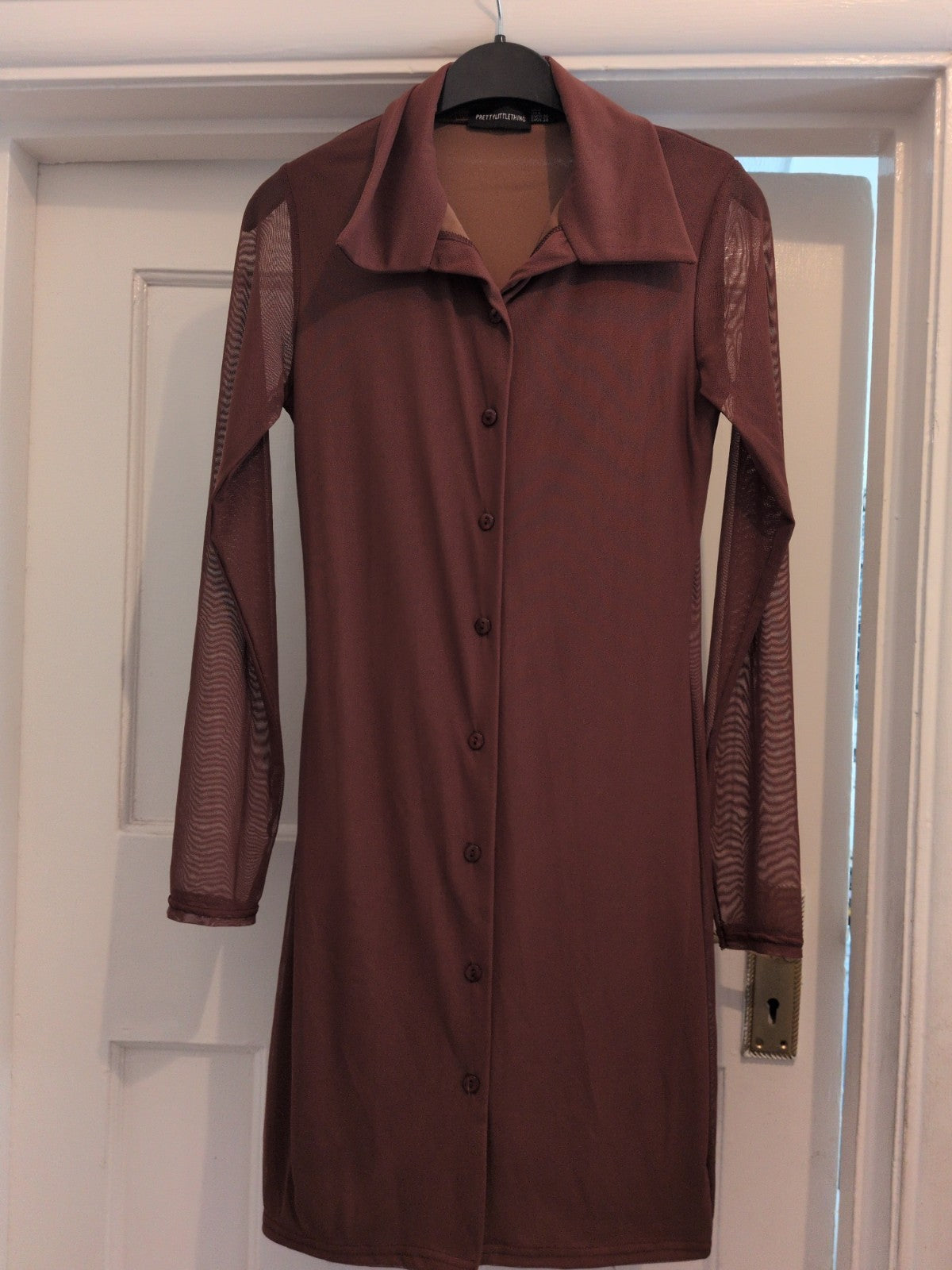 Prettylittlething 8 Brown Collared Long Sleeve Dress Midi