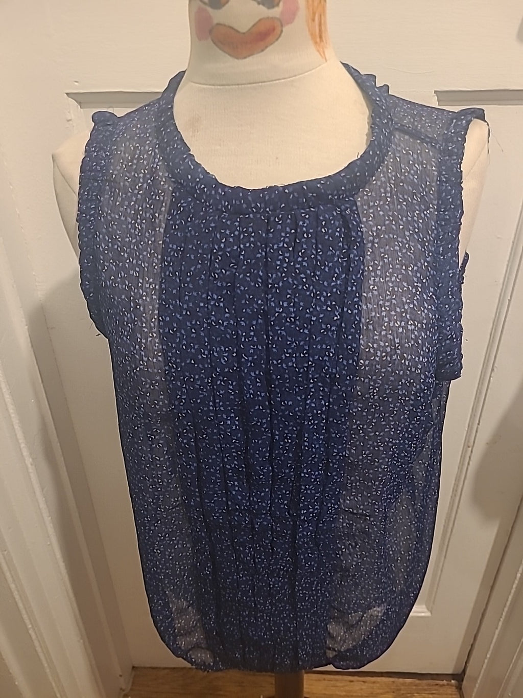 Ladies Size XL Navy Patterned Sleeveless See Through Blouse
