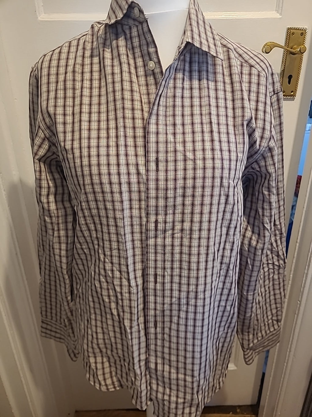 Mens Blue Harbour Size Medium Beige/Purple Check Long Sleeved Shirt