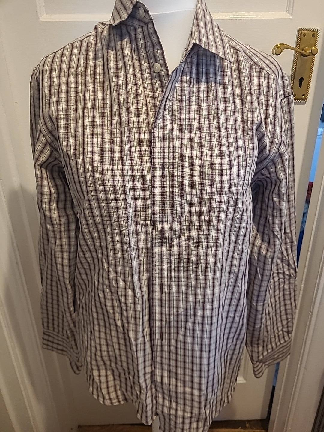 Mens Blue Harbour Size Medium Beige/Purple Check Long Sleeved Shirt