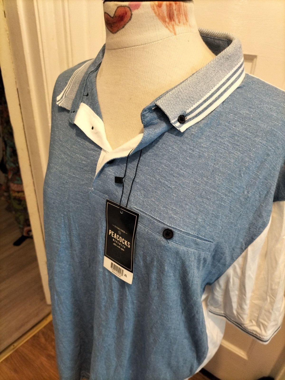 Brand New Mens Peacocks Size XL Blue White Short Sleeved Polo Shirt