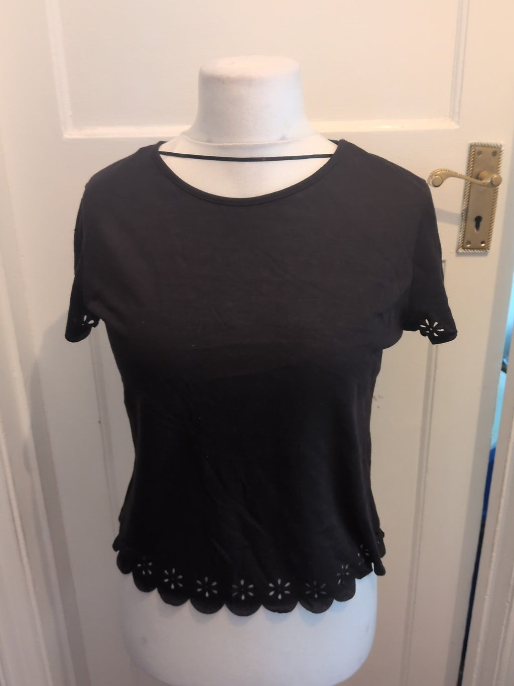 Primark 12 Black Floral Patterned Holey Short Sleeved Blouse