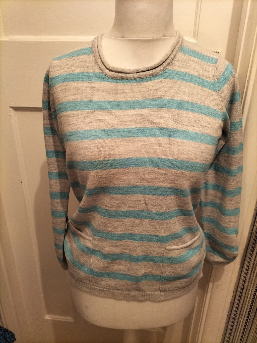 Ladies Dash Size 10 Blue And Grey Striped Jumper