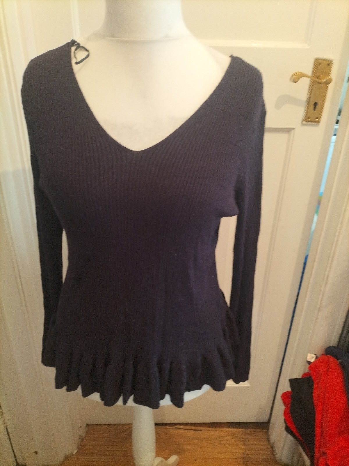 Ladies Marks And Spencer Size 14 Dark Midnight Frilly Hem V Neck Blouse