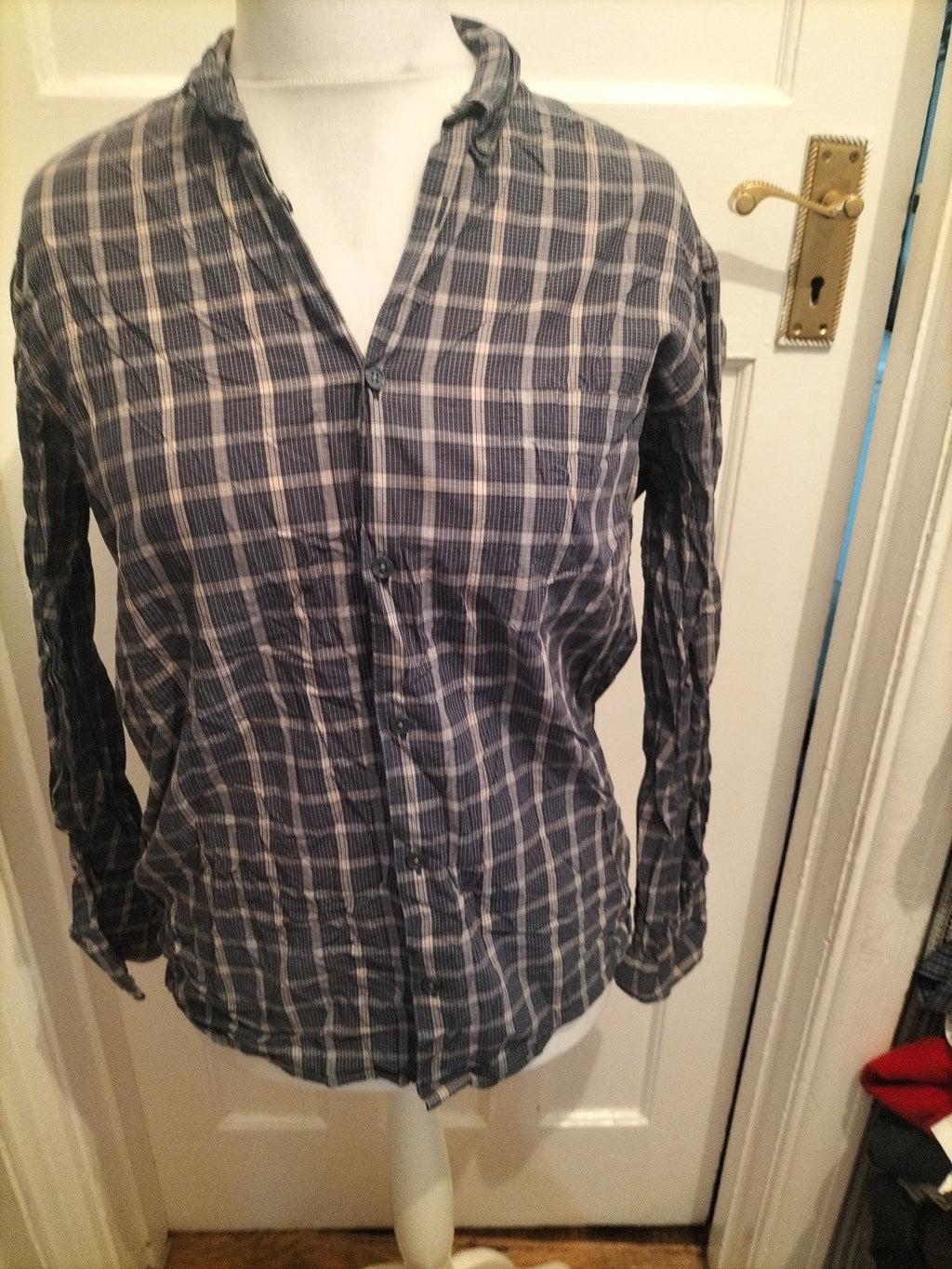 Mens St Micheal Size Small Navy Blue And Beige Check Long Sleeved Shirt