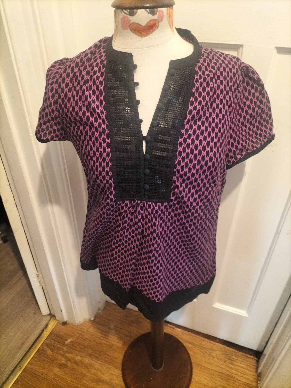 Ladies Monsoon Size 14 Purple And Black Short Sleeved Blouse