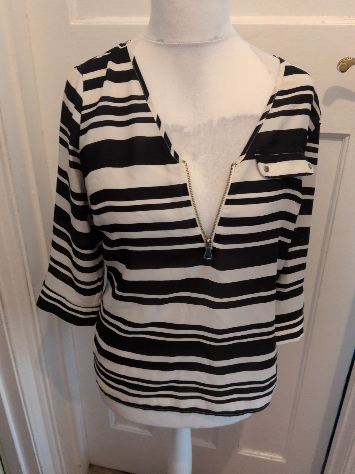 Dorothy Perkins 10 Cream And Black Long Sleeve Blouse