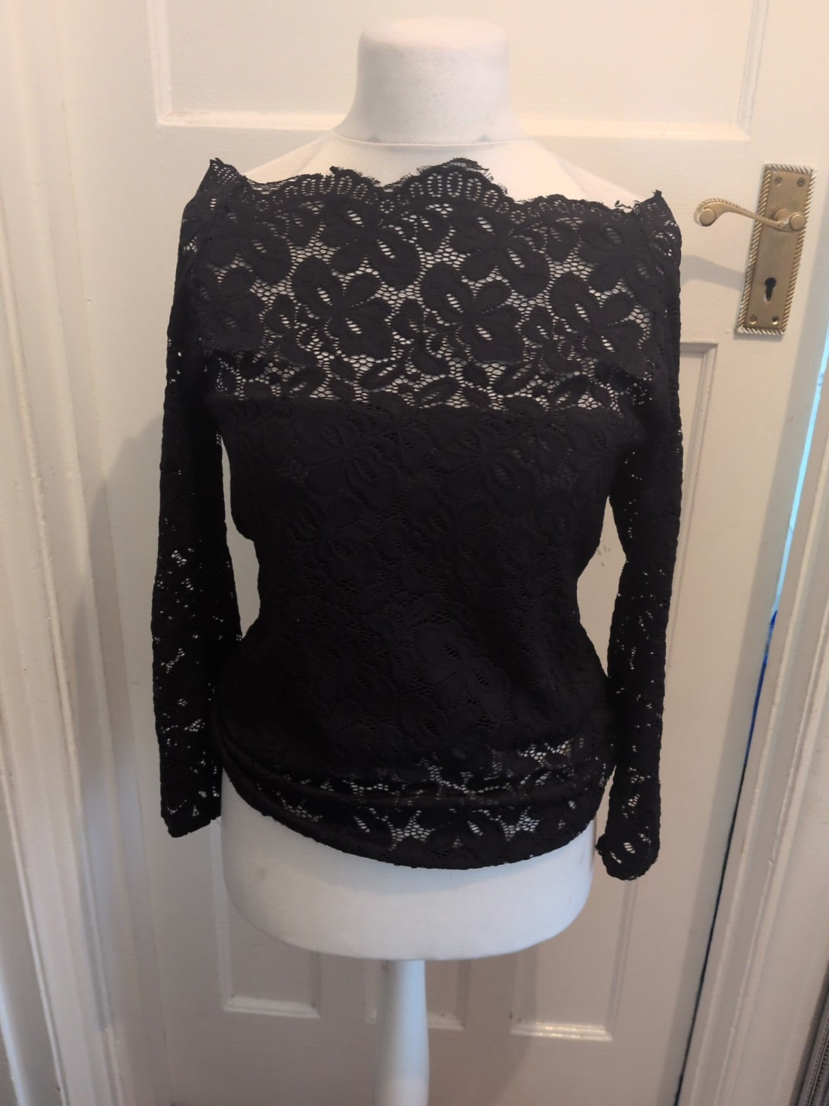 4XL Black Floral Lace Lined Long Sleeve Blouse